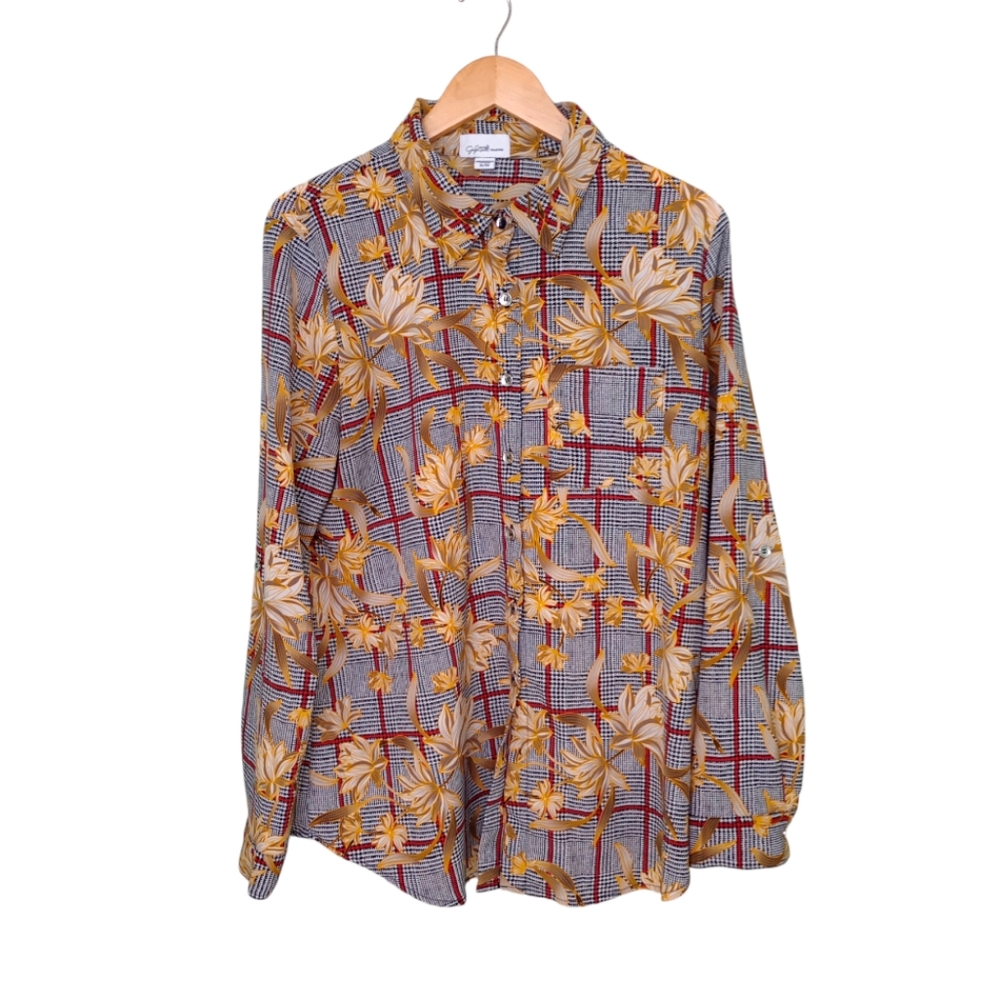 Jaclyn Smith Collection Long Sleeve Button Down Top Shirt Blouse Yellow Black Re